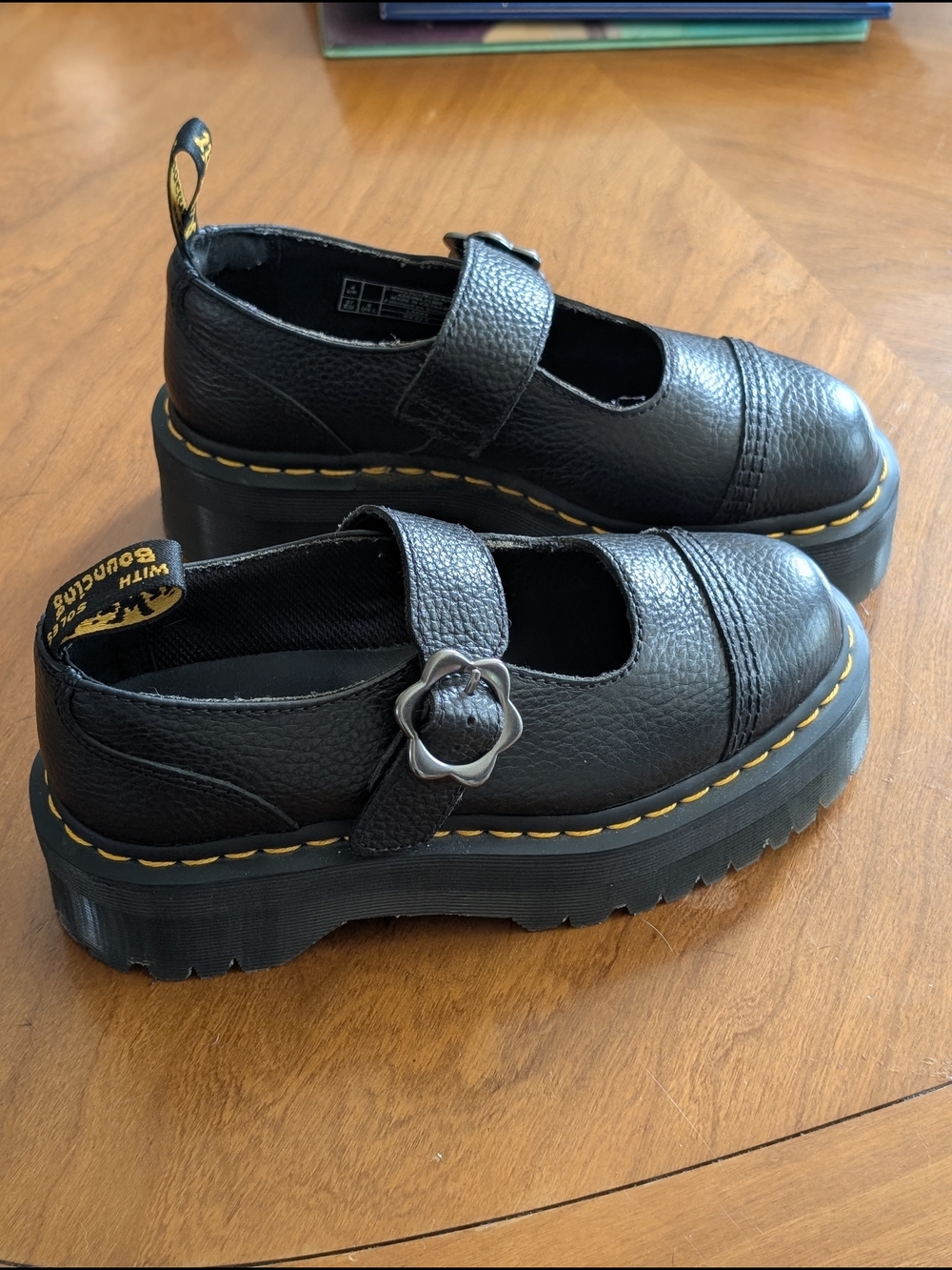 Dr. Martens Addina Black Leather Mary Jane Shoes with Flower Buckle - Picture 2 of 8